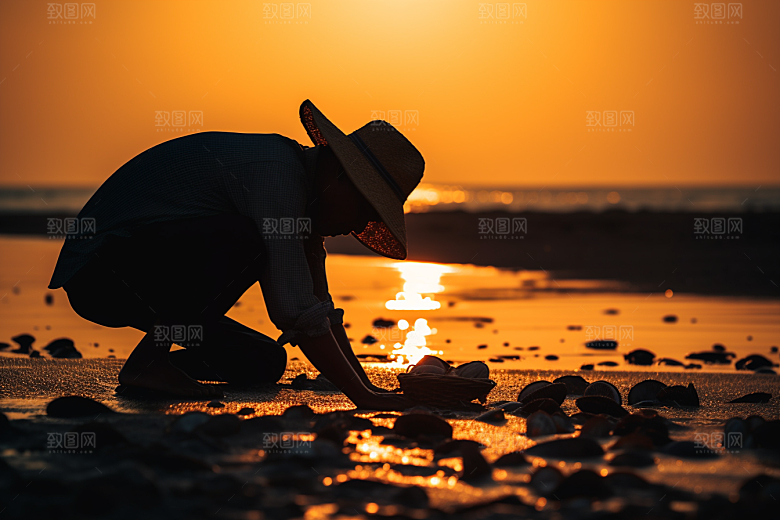 海边赶海落日夕阳摄影图