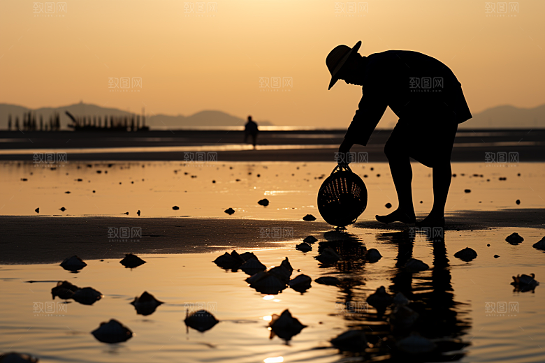 海边赶海渔获海货摄影图