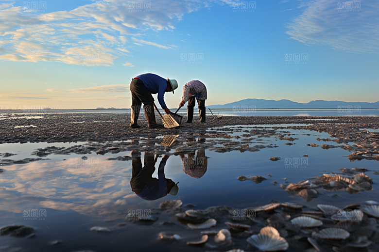 海边赶海海货落日摄影图