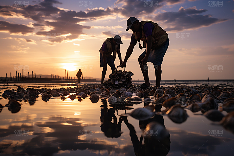 海边赶海夕阳余晖摄影图