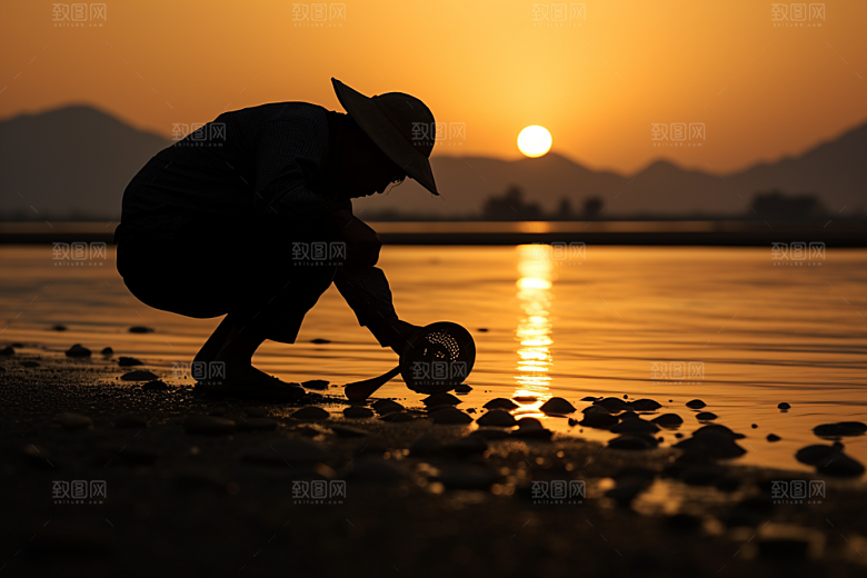 海边赶海余晖潮汐摄影图