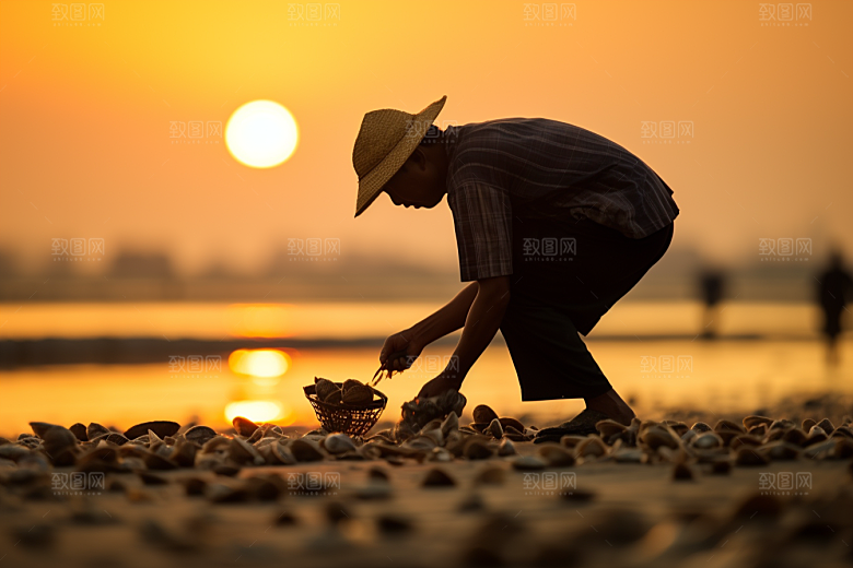 海边赶海夕阳捕捞摄影图