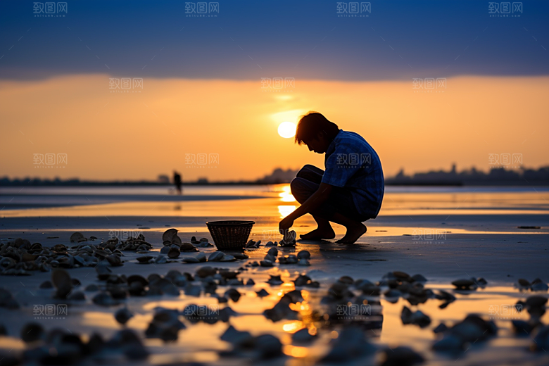 海边赶海余晖渔获摄影图
