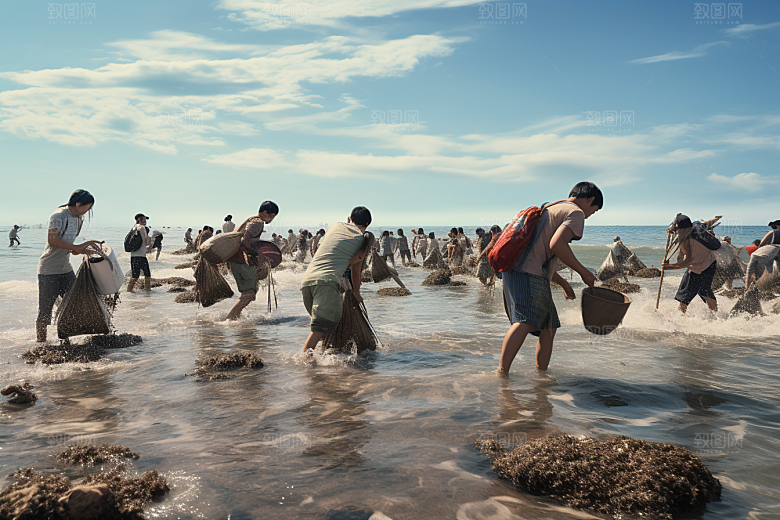 海边赶海海货余晖摄影图