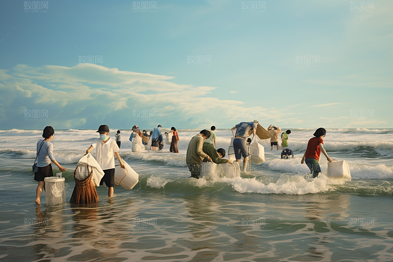 海边赶海滩涂黎明摄影图