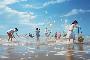 海边赶海捕捞潮汐摄影图