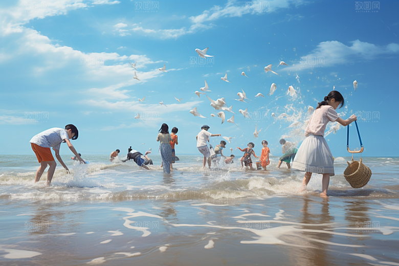 海边赶海捕捞潮汐摄影图