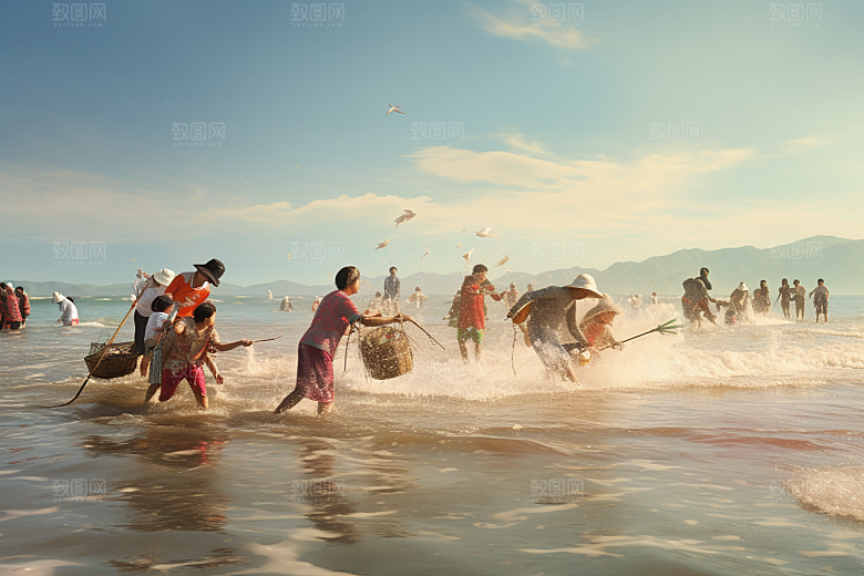 海边赶海落日余晖摄影图