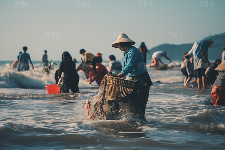 海边赶海礁石捕捞摄影图