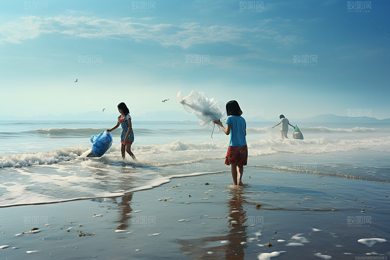 海边赶海潮汐夕阳摄影图