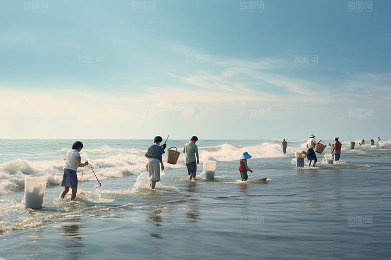 海边赶海礁石落潮摄影图