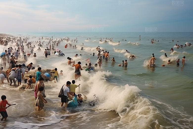 海边赶海捕捞夕阳摄影图