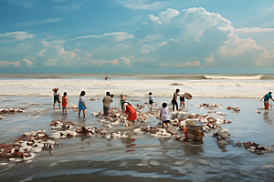 海边赶海夕阳海滩摄影图