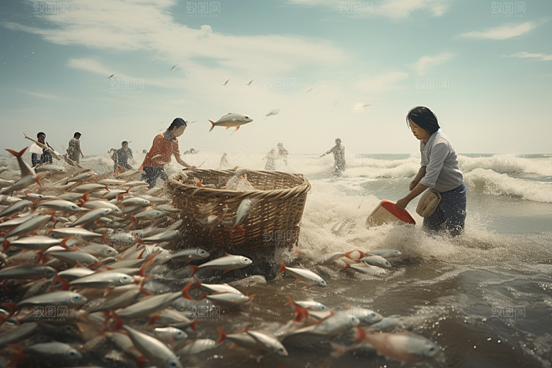 海边赶海余晖渔获摄影图
