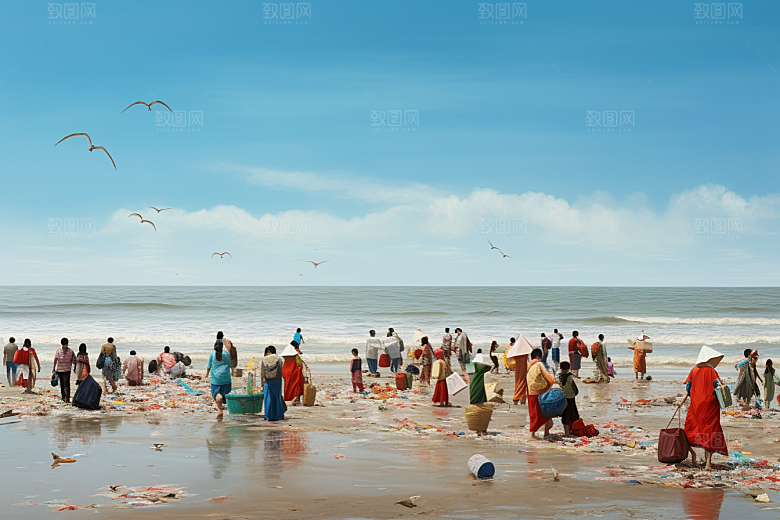 海边赶海夕阳礁石摄影图