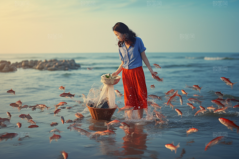 海边赶海高清落日摄影图