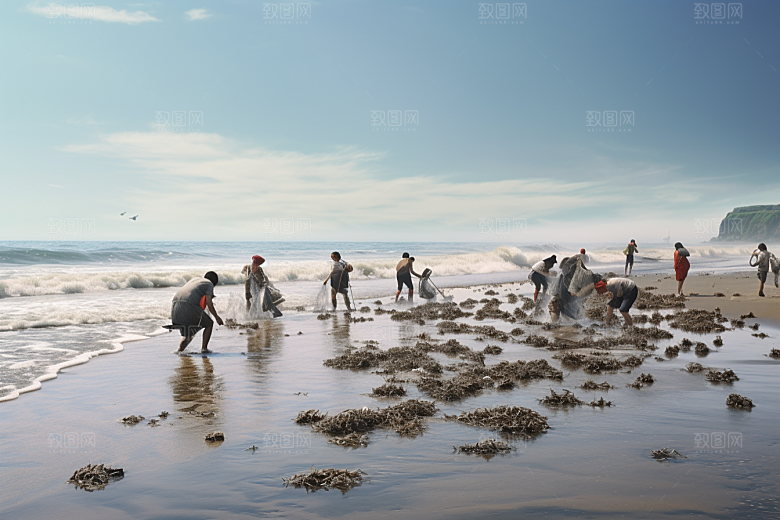 海边赶海落潮黎明摄影图