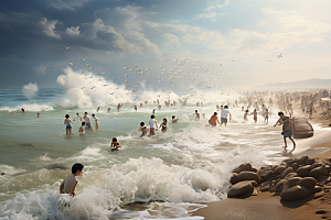 海边赶海滩涂潮汐摄影图
