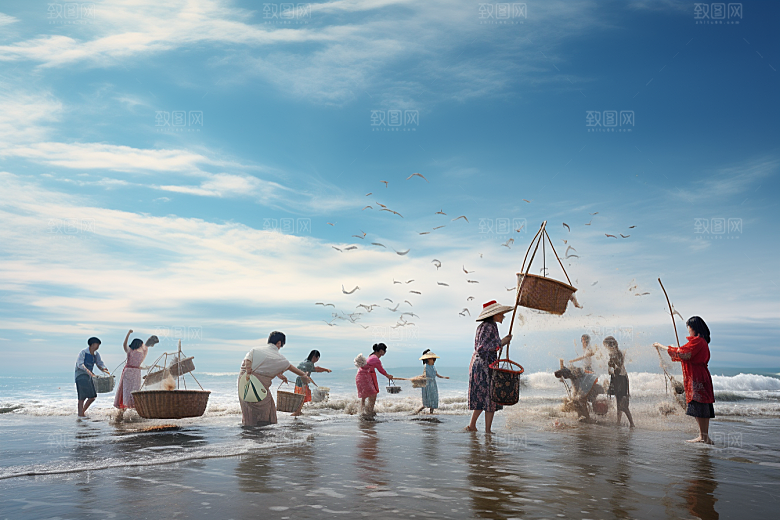 海边赶海落潮黎明摄影图