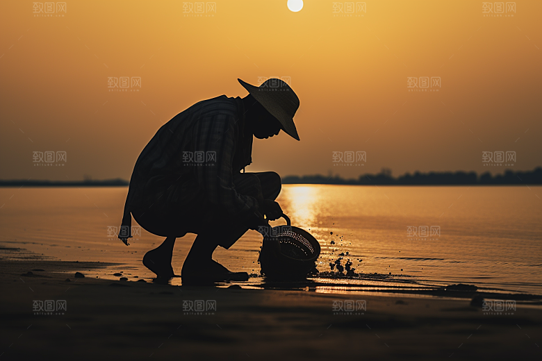海边赶海落日黎明摄影图