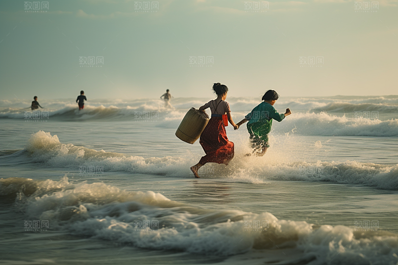 海边赶海潮汐清晨摄影图