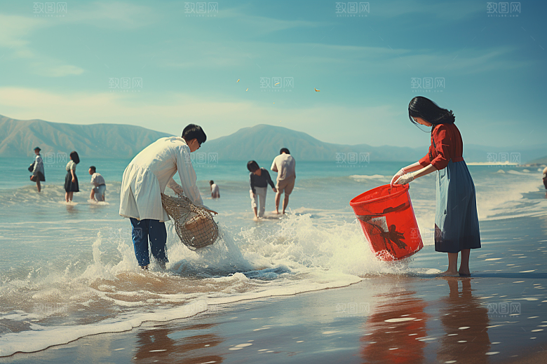 海边赶海余晖海滩摄影图