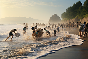 海边赶海海货夕阳摄影图