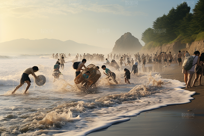 海边赶海海货夕阳摄影图