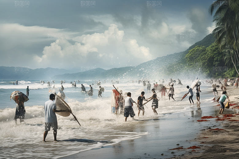海边赶海捕捞礁石摄影图