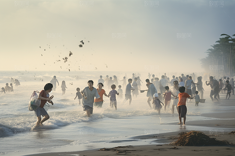 海边赶海余晖落日摄影图