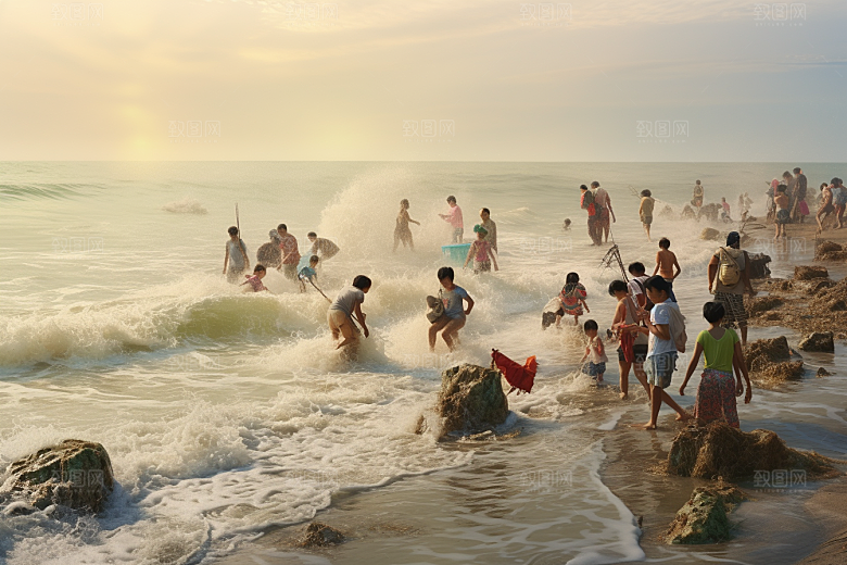 海边赶海礁石黎明摄影图