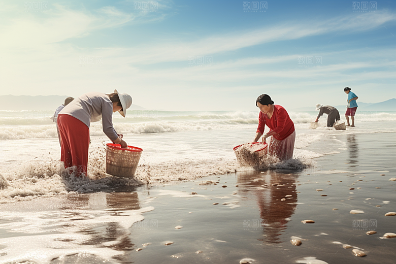 海边赶海潮汐清晨摄影图
