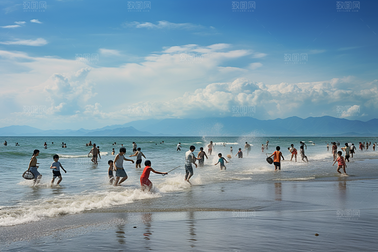 海边赶海余晖高清摄影图
