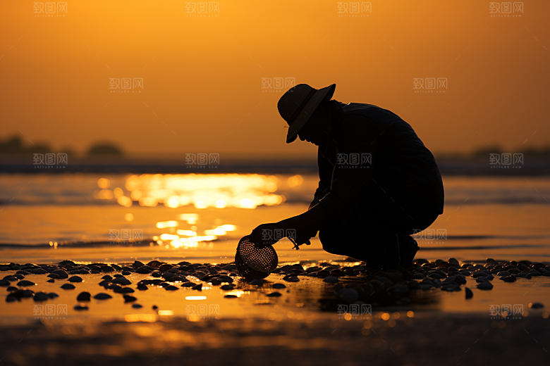 海边赶海黎明落潮摄影图