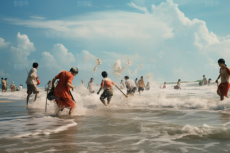 海边赶海高清清晨摄影图