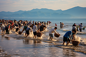 海边赶海高清落日摄影图