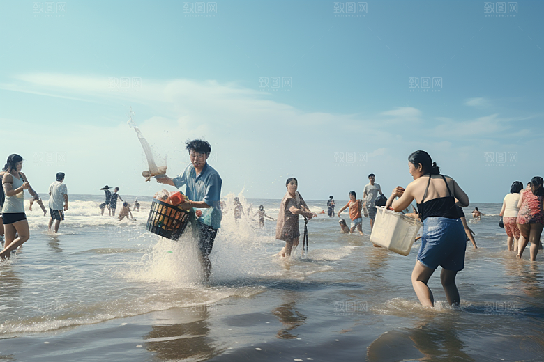 海边赶海清晨落日摄影图