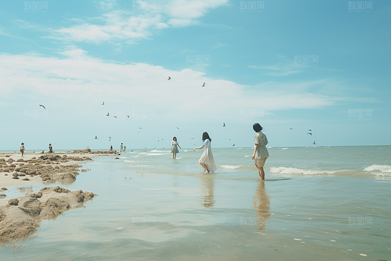 海边赶海潮汐余晖摄影图