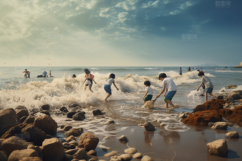 海边赶海清晨夕阳摄影图