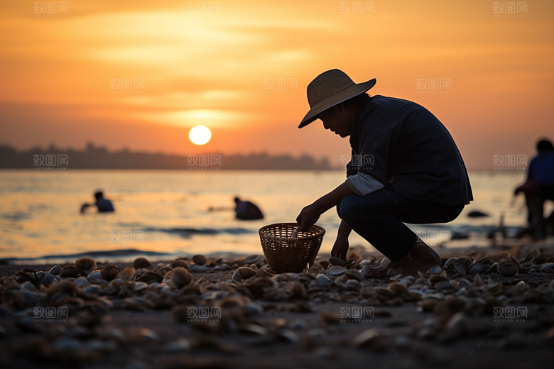 海边赶海黎明落潮摄影图