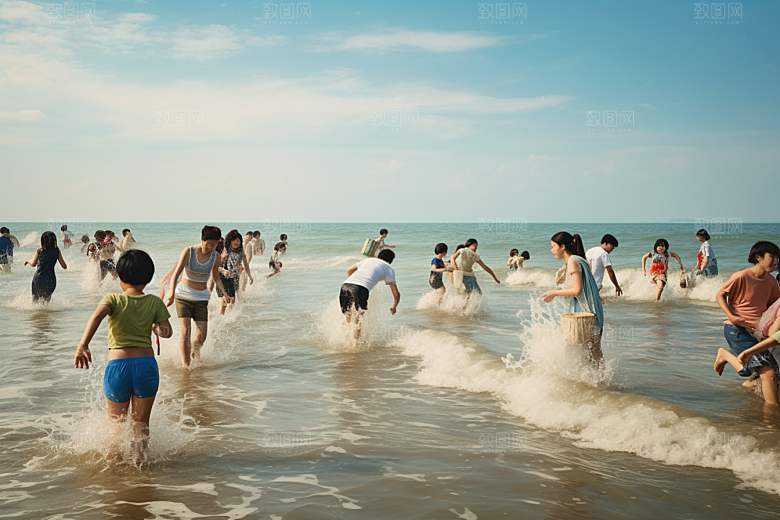 海边赶海滩涂清晨摄影图