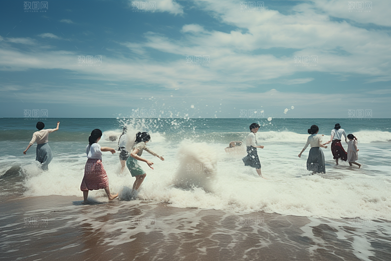 海边赶海落日落潮摄影图