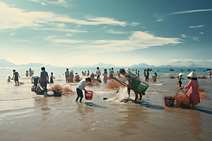 海边赶海落日海货摄影图