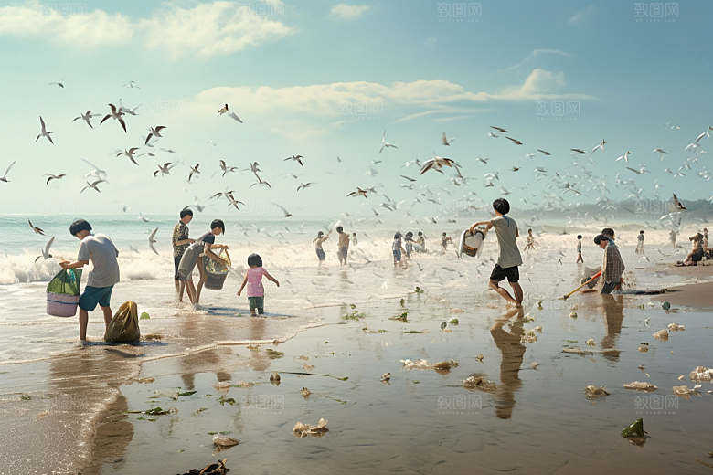海边赶海滩涂清晨摄影图