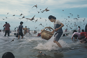 海边赶海捕捞落日摄影图