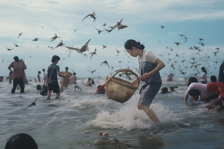 海边赶海捕捞落日摄影图