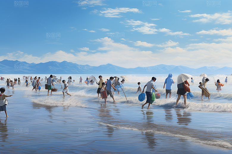 海边赶海余晖黎明摄影图