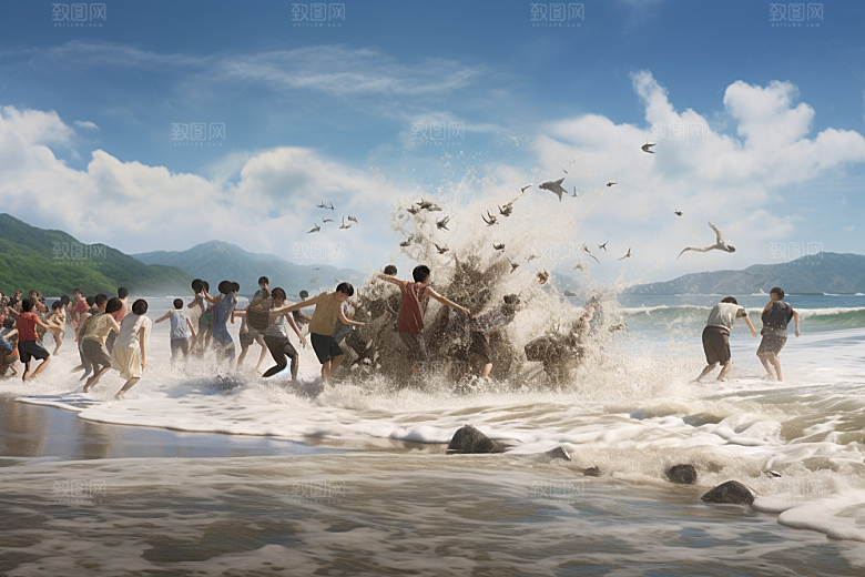 海边赶海海滩夕阳摄影图