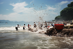 海边赶海渔获落日摄影图