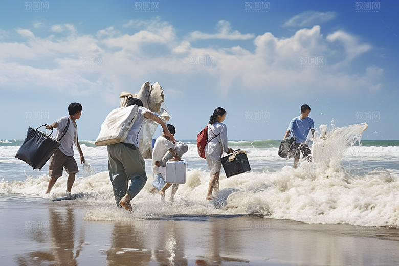 海边赶海渔获余晖摄影图